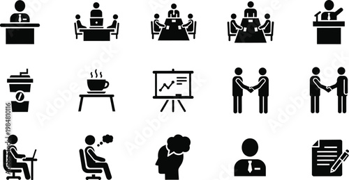 Business and office icons: presentation handshake coffee work with human resources, business