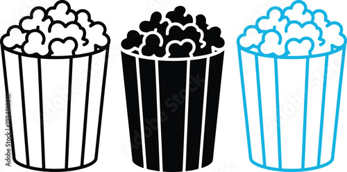 Three different styles of popcorn containers filled with popcorn kernels