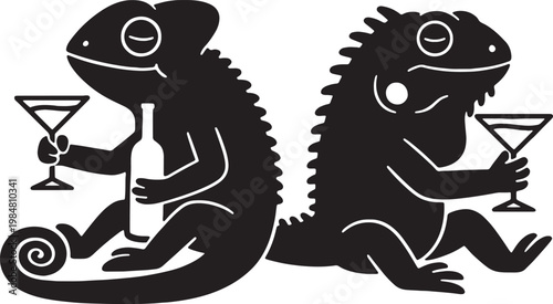Two stylized cartoon reptiles holding martini glasses and a bottle isolated on a transparent background