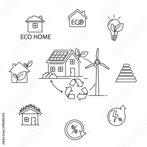 Eco-Friendly Living - Sustainable Home and Renewable Energy Icons.