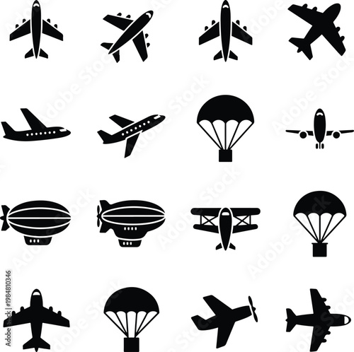 Air Travel Icons Set Airplane Parachute Blimp Silhouettes