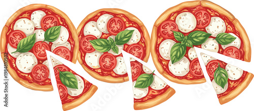Delicious Illustration of Margherita Pizzas with Tomatoes, Mozzarella, and Fresh Basil for Food, Italian Cuisine, and Culinary Designs