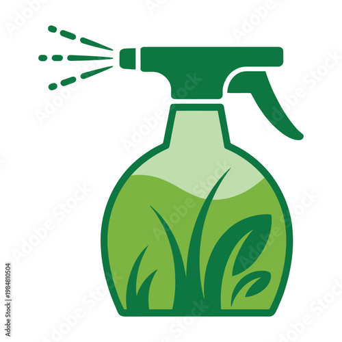 Green spray bottle emitting mist for cleaning or disinfecting purposes