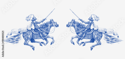 Medieval armoured knight horseback with a sword facing towards. Barded horse jumping in full armour for fight. Hand drawn engraving in traditional ink style 