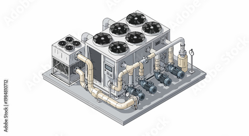 Isometric Industrial HVAC Chiller System with Cooling Tower and Ventilation Fans Illustration