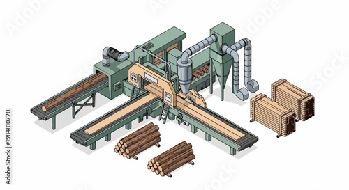 Isometric Illustration of an Automated Sawmill Factory with Wood Cutting Machinery, Conveyor Belts, Logs, and Finished Timber Planks