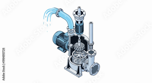 Isometric Cutaway Illustration of an Industrial Centrifugal Water Pump with Electric Motor and Piping