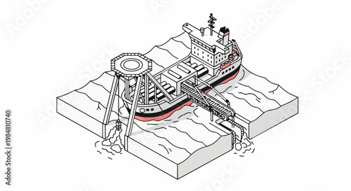 Isometric Vector Illustration of an Industrial Deep Sea Research and Mining Vessel on the Ocean with Subsea Equipment and Cross-Section View
