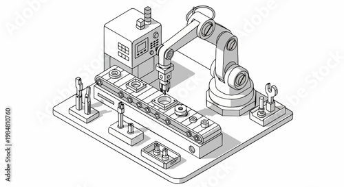 Isometric Illustration of Robotic Arm and Conveyor Belt Assembly Line for Smart Factory Automation and Industrial Manufacturing Process