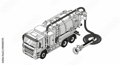 Isometric Vacuum Truck Illustration, Industrial Sewer Cleaning Vehicle Line Art, Hydro-Excavation Truck for Waste Management and Drainage Services