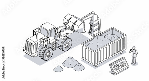 Modern Isometric Illustration of Industrial Front Loader Filling Cargo Container, Smart Construction and Mining Technology Concept
