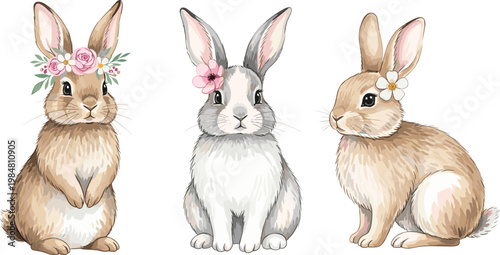 Cute Illustration of Rabbits with Floral Headbands for Spring, Easter, and Animal Lover Designs