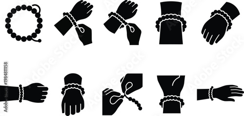 Bracelet wearing process glyph icon set. Includes steps for putting on and taking off a beaded bracelet. Black silhouette vector illustration for jewelry instructions and fashion guides.