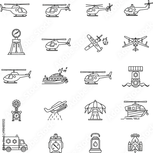 Emergency Transport and Rescue Services Line Icons Collection