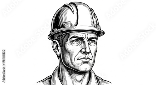 Portrait sketch of construction worker wearing hard hat.
