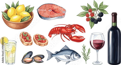 Illustration of Fresh Seafood, Fruit, Wine, and Cocktails for Summer Dining, Recipes, and Gourmet Designs