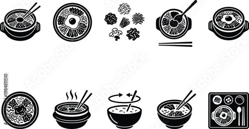 Korean Bibimbap dish icon set. Features various bowls of mixed rice with vegetables, meat, and egg, including hot stone pot versions. Monochrome vector icons for Asian cuisine and restaurant menus.