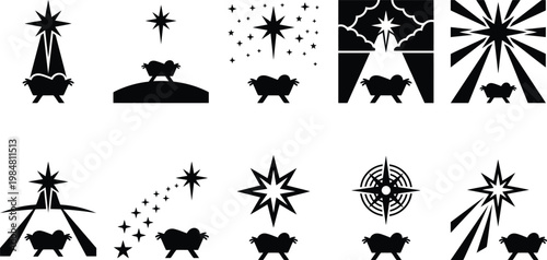 Nativity scene and Christmas star icon set. Features various designs of the Star of Bethlehem and baby Jesus's manger. Solid black vector icons for holiday greetings and religious themes.