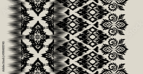 Vintage Ikat Floral Ornament Seamless Border Pattern, Elegant Ethnic Damask Print with Botanical Motif, Minimalist Black and Ivory Backdrop for Fashion Fabric, Table Runners, and Interior Decor.