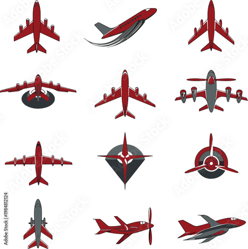 Modern Aviation Aircraft and Airplane Vector Icon Set