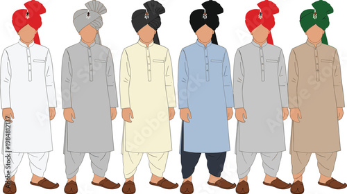 Traditional Indian Men Clothing Illustration with Kurta Pajama and Turban Variations in Different Colors for Cultural Fashion and Ethnic Attire Design