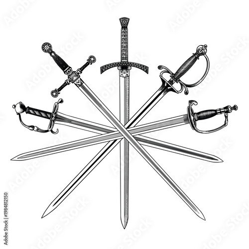Collection of original medieval and victorian 19 century swords, blades and saber. Hand drawn engraving in traditional linear ink style.