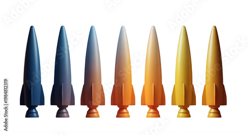 Minimalist rocket ship collection in gradient colors, set of seven toy rockets on white background, colorful space shuttle models for startup growth