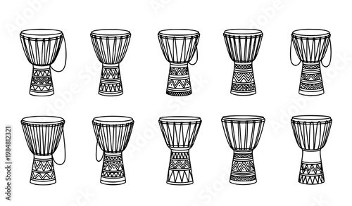 African percussion instruments set drum collection outline vector illustration