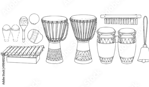 African drums and percussion instruments black and white line art vector illustration
