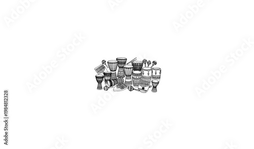 African drum set hand drawn percussion instruments black and white vector