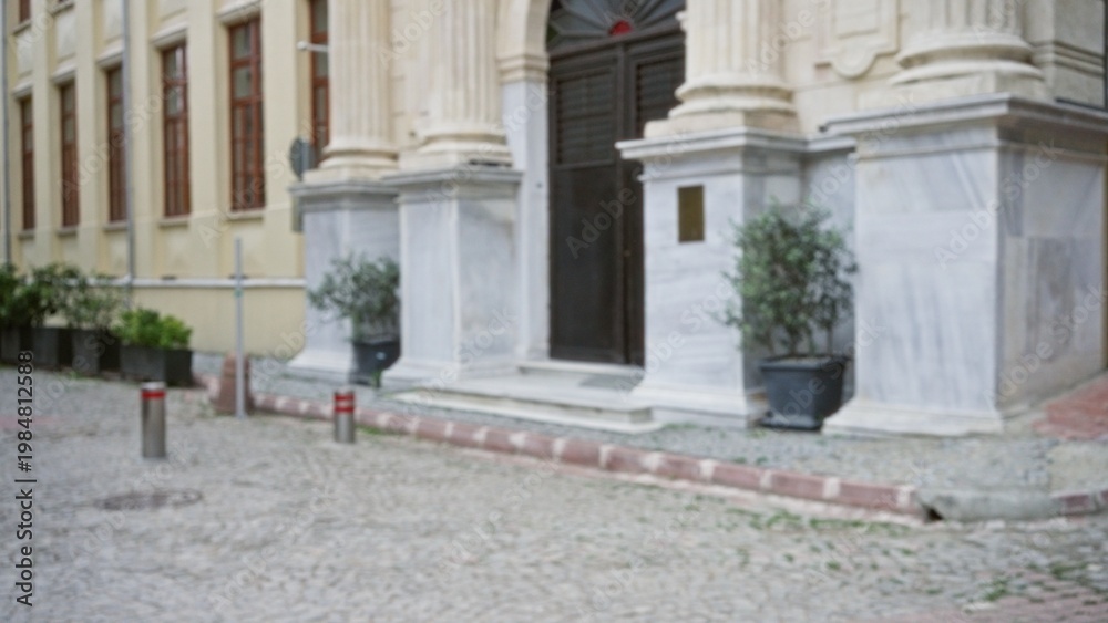 Obraz premium Soft defocused street view of a classical building facade with columns, potted plants and cobblestone pavement; background backplate copyspace template.