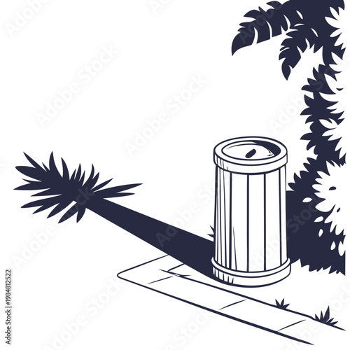 A trash can sitting on a sidewalk near palm trees