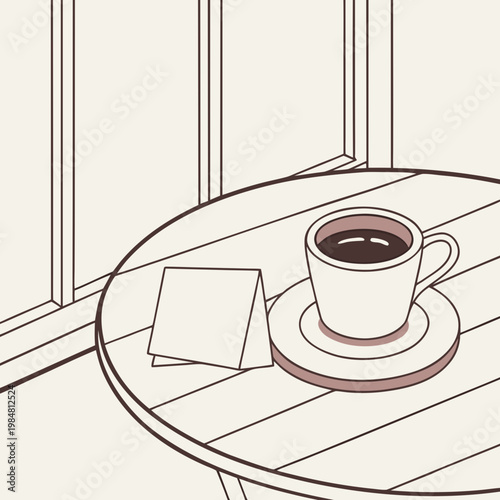 A cup of coffee on a saucer and table