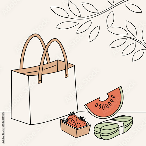 A tote bag with a box of strawberries and a slice of watermelon