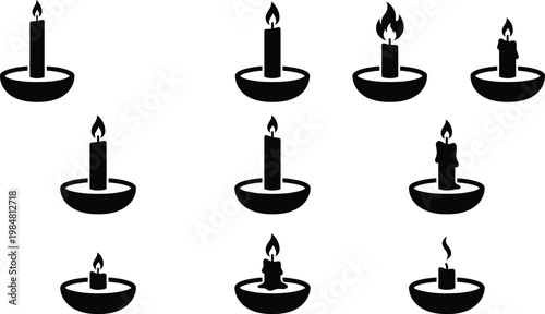 Candle light icon set with various burning stages. Features flickering flames, melting wax, and extinguished wicks. Solid vector icons for spirituality, remembrance, and celebration.