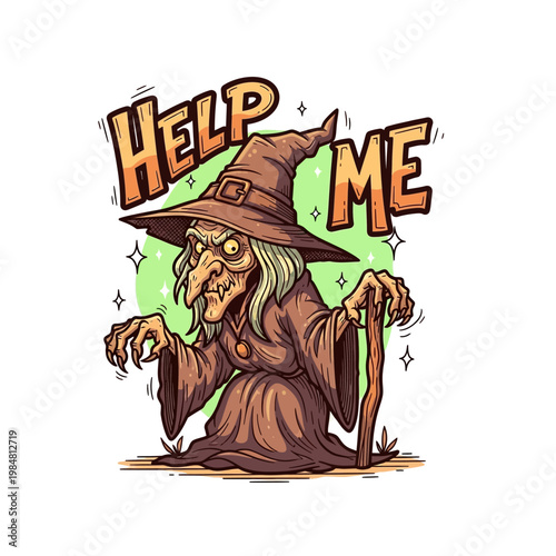 A spooky cartoon witch with a pointed hat and gnarled hands, asking for help.