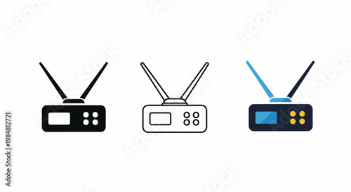 WiFi Internet Router Icon Set Three Styles - Solid Outline Flat Color Dark Blue Yellow Vector
