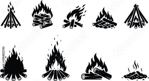 Campfire and bonfire icon set. Features various woodpile arrangements and flame intensity for outdoor activities. Flat black vector illustrations for camping and wilderness themes.