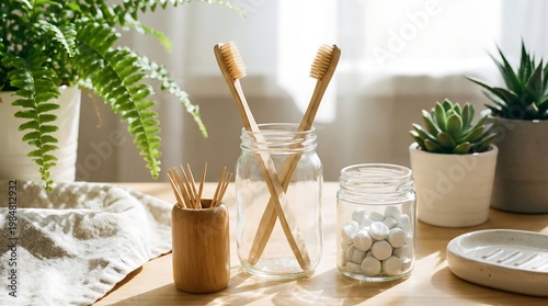 Eco-friendly Zero Waste Bathroom Essentials with Bamboo Toothbrushes and Toothpaste Tablets on Wooden Shelf with Plants