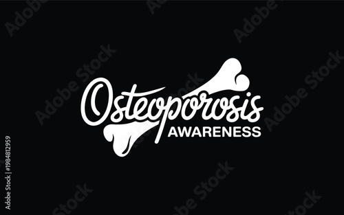 Osteoporosis Awareness Calligraphy and Bone Icons on Black Background for Health Campaigns.