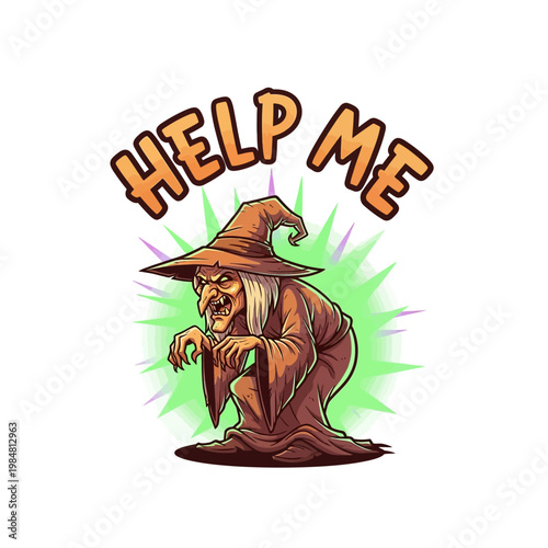 A spooky cartoon witch with a pointed hat and a menacing grin, asking for help.