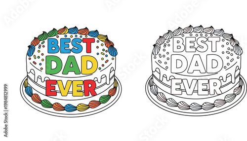 Best Dad Ever cake vector illustration featuring a colorful decorated version and a black and white line art outline, perfect for Father's Day or kids coloring pages.