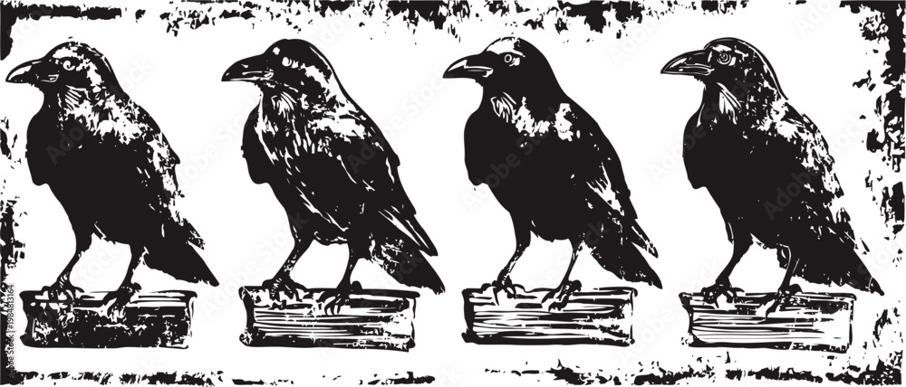 Obraz premium silhouette of four ravens perched on textured wooden blocks in black and white vintage