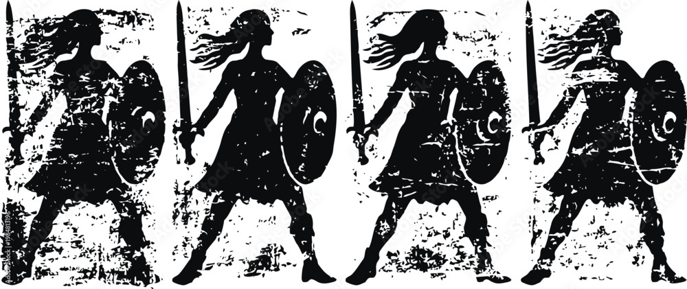 Obraz premium Four ancient warriors with spears and shields standing in battle ready stance in a tribal