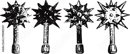 Medieval spiked mace collection vintage weapons with metal heads and wooden handles, antique armor equipment