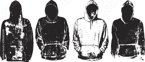 Four grunge hoodies silhouettes in different colors and front and back views