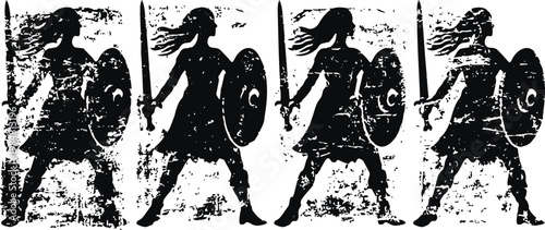 Four ancient warriors with spears and shields standing in battle ready stance in a tribal