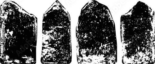 four worn vintage wooden tombstones with rough texture isolated on white background