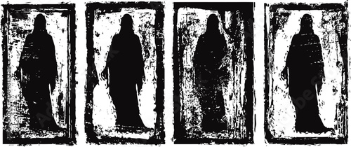 grunge silhouette frames of standing figure in flowing cloak with sword in black and white