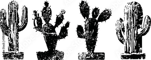 black silhouette set of four different cactus types with textured grunge isolated on white
